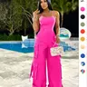 Women's Plain/All-Over Print Multi-Pocket Cargo Jumpsuit, Casual Backless Spaghetti Strap Wide-Leg Loose Jumpsuit, Streetwear, Summer Wear, Comfy Cami Jumpsuit, Overalls, Sleeveless Cami Jumpsuit
