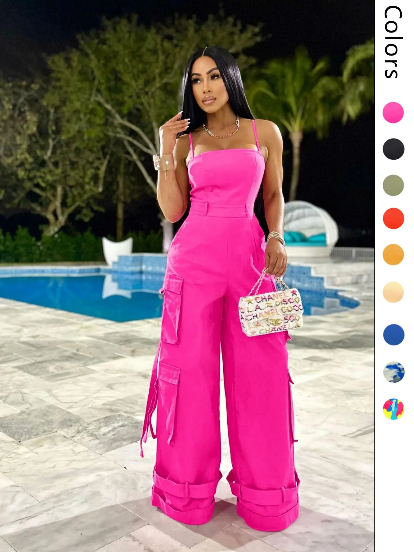 Women's Plain / All Over Print Multi-Pocket Wide Leg Cargo Jumpsuit, Casual Tape Decor Backless Sleeveless Cami Jumpsuit, Ladies Clothes For Streetwea