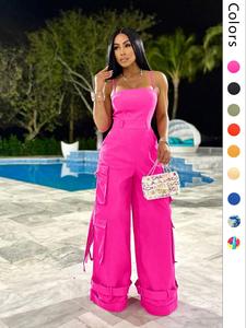 women's plain / all over print multi-pocket wide leg cargo high waist jumpsuit, fashion casual woven tape decor backless baggy cami jumpsuit, ladies clothes for streetwear, womenswear