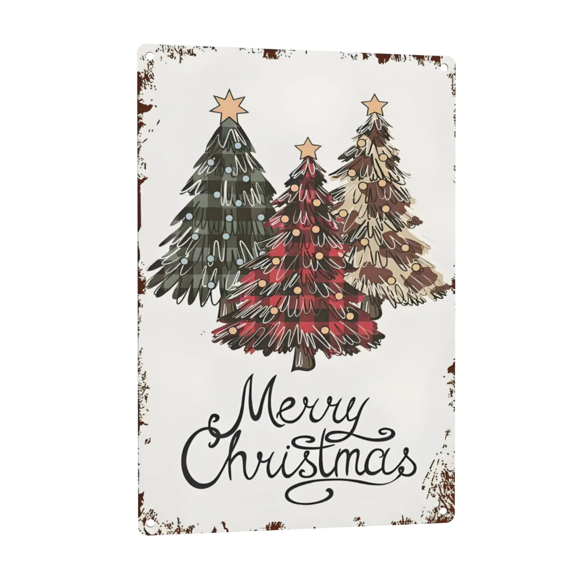 8x12 in (20x30cm) Rectangular Vintage Distressed Metal Wall Sign - 3 Buffalo Plaid Christmas Trees, Red Green Brown Check, Farmhouse Xmas Decoration for Front Porch, Mantel, Holiday Gift, Vintage Christmas Decor, Classic Christmas Decor