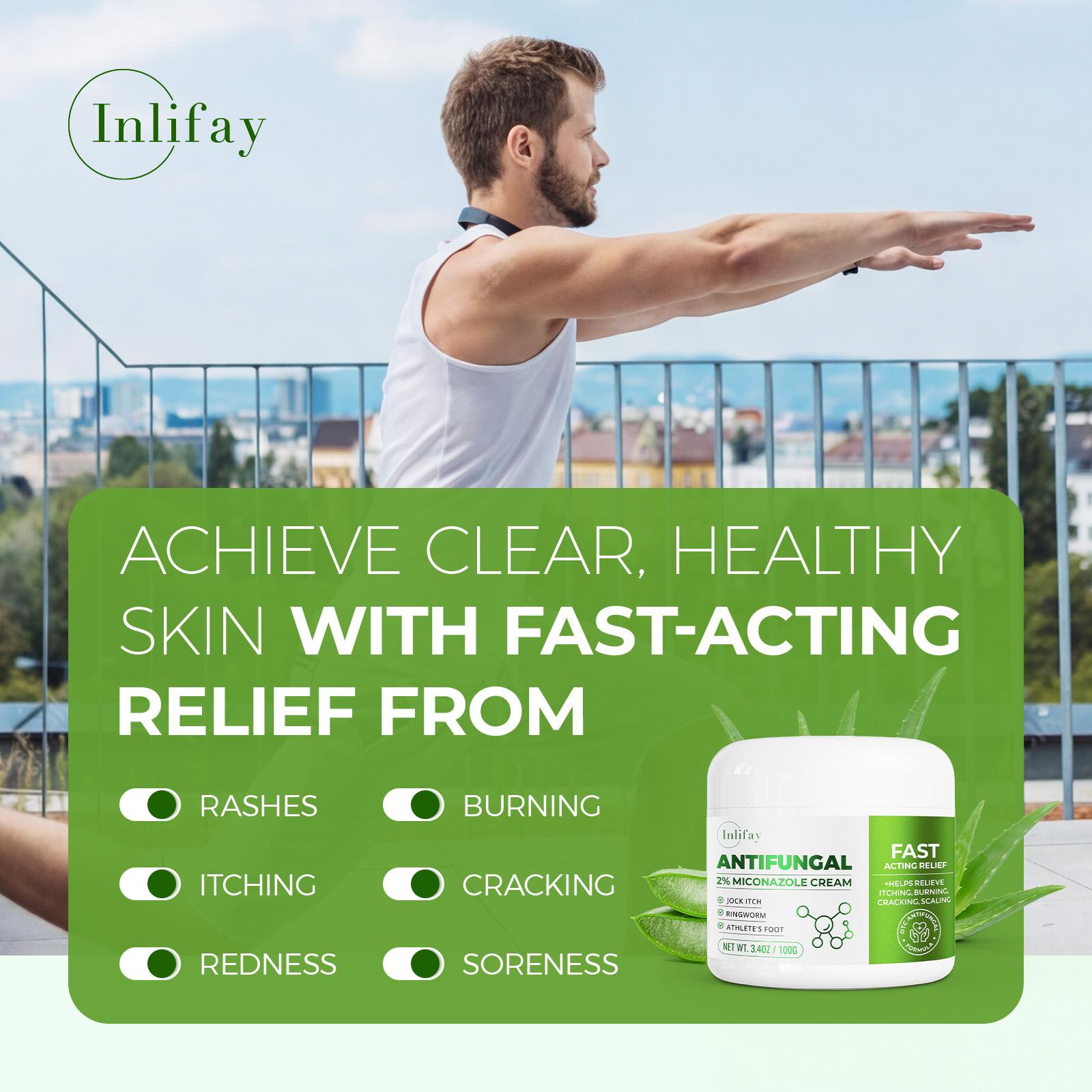 Inlifay Antifungal Cream, Advanced 2% Miconazole Nitrate for Athlete's Foot, Ringworm & Jock Itch. Effective Anti Itch Relief for Peeling, Cracked Skin & Sweaty Odor. Gentle Daily Foot & Body Care Routine for Men & Women