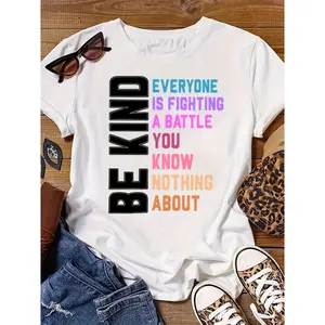 Womens Cotton Graphic Tee Be Kind Inspirational Quote Shirt Rainbow Letter Print Short Sleeve Crew Neck Casual Summer Top For Daily Wear Gift