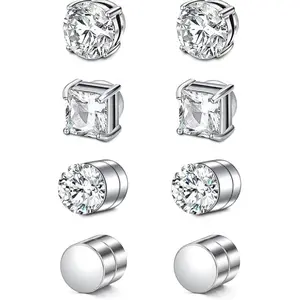 4 Pairs Magnetic Stud Earrings for Men Women, Non Piercing Cubic Zirconia Faux Diamond Earrings, Stainless Steel Fake Cartilage Earring Nose Ring Set, Hypoallergenic Silver Jewelry for Sensitive Ears