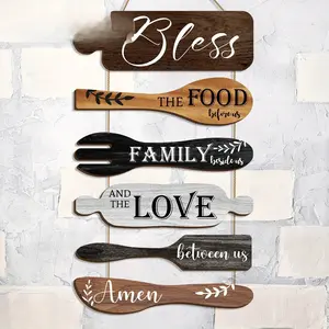 Wooden Kitchen Wall Decor, 1 Set Letter & Kitchen Utensils Pattern Wall Art with Rope, Wall Decor for Home Kitchen and Dining Room