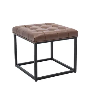 Winston 18" Square Button Tufted Ottoman, Faux Leather Upholstered Footstool with Metal Frame, Industrial Accent Stool for Living Room, Bedroom, Entryway, Light Brown