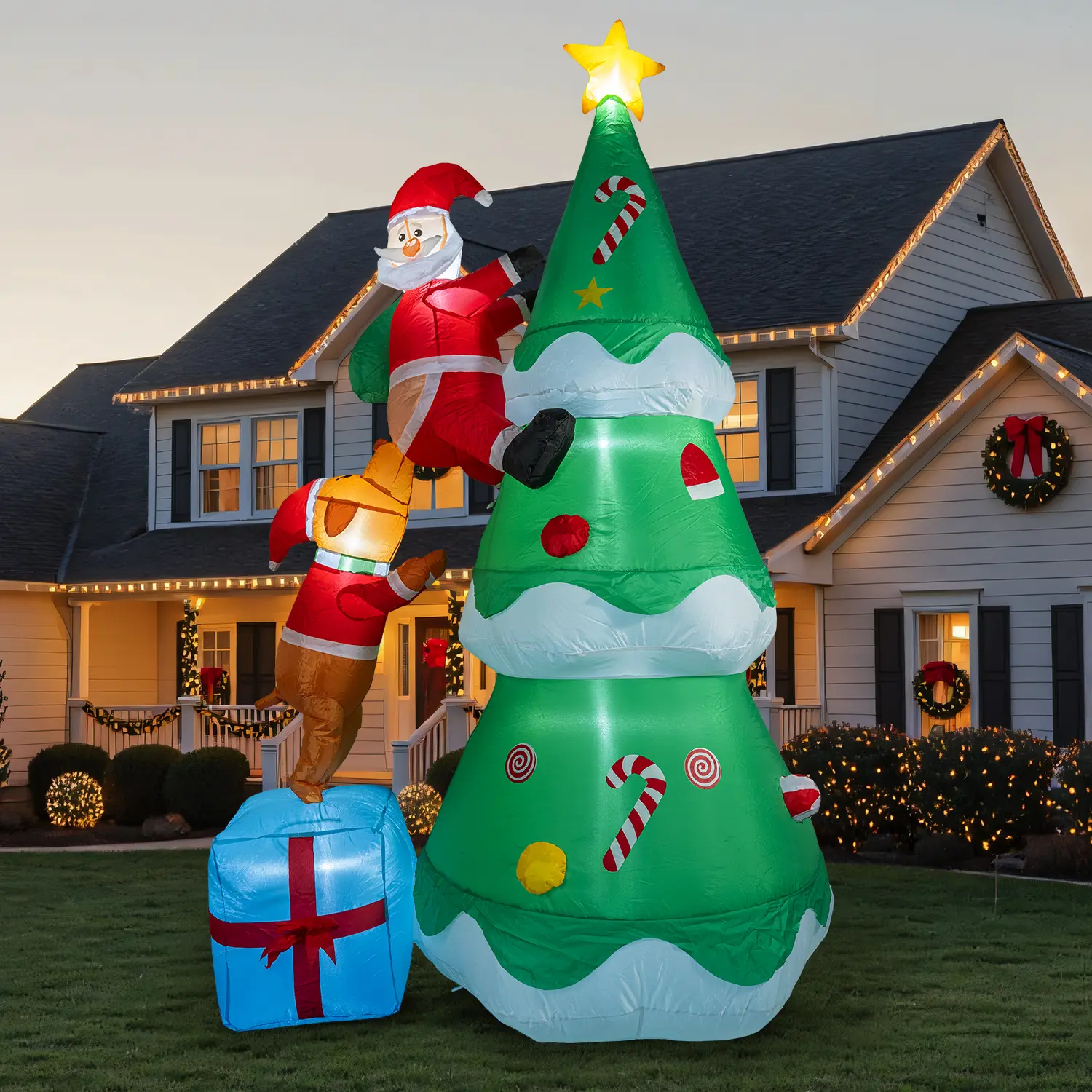 7ft Easy-Inflate Holiday Fantasy Christmas Tree, Festive Decoration with Puppy-Chasing Santa-Claus Design, Whimsical Home Decor & Garden Ornaments for Courtyard Lawn, Adds Festive Touch