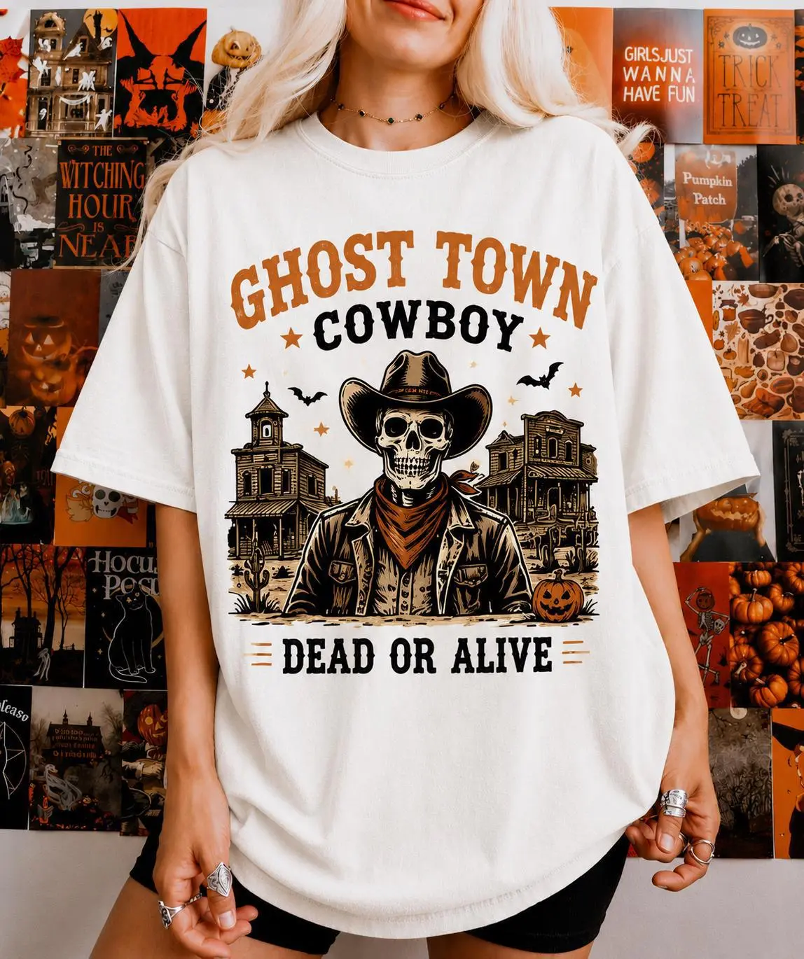 Comfort Colors Skeleton Cowboy Halloween Shirt, Western Halloween Tee, Ghost Town Cowboy Graphic T-Shirt, Vintage Spooky Skeleton Shirt