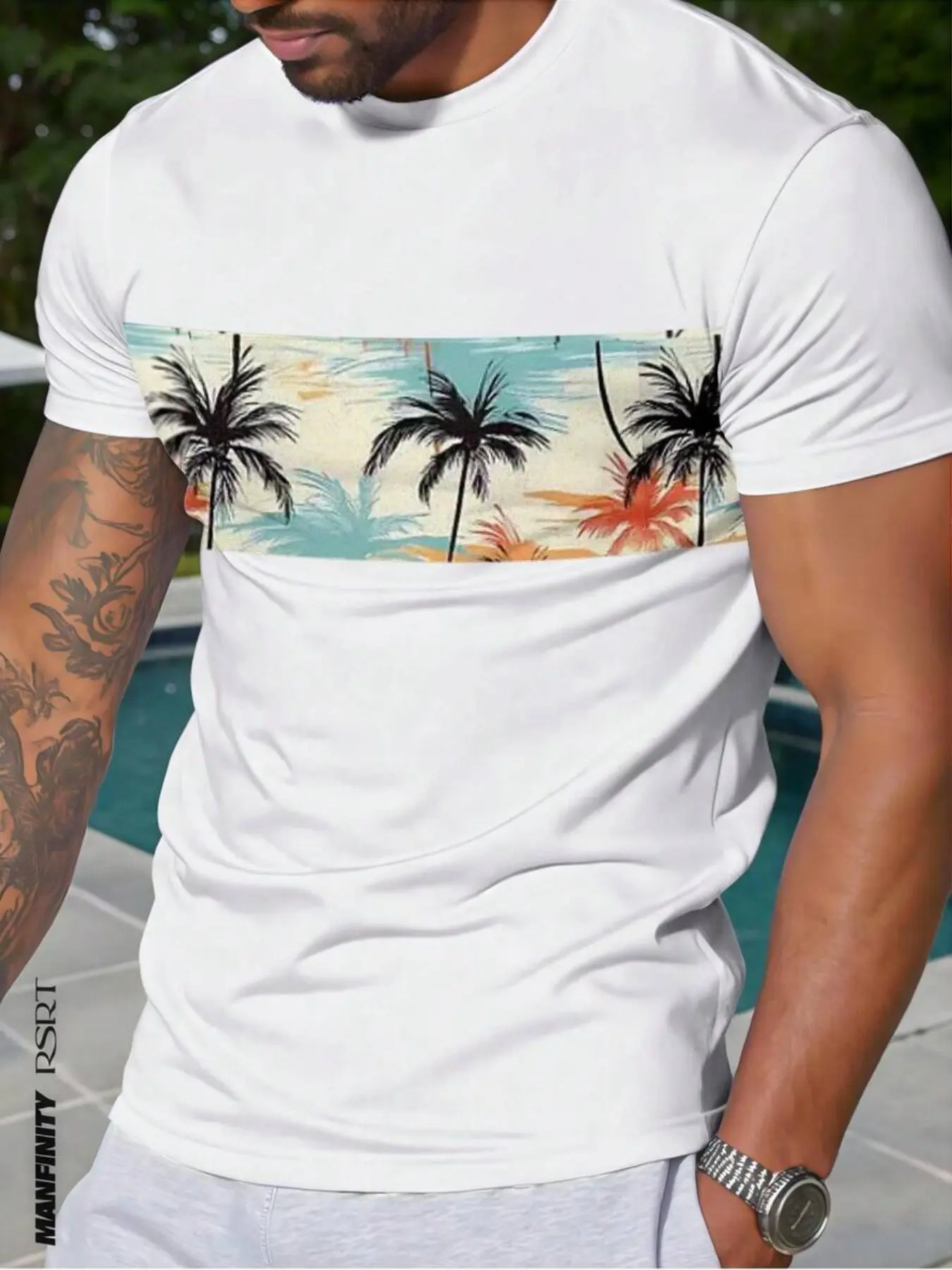 Men's Casual Graphic Design Coconut Palm Print Tropical Round Neck Short Sleeve T-Shirt, Casual Graphic Tee, Fitted Summer Top for Outdoor Daily Wear, Relaxed Holiday Clothing