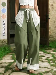 New Vintage Crochet Lace Patchwork Wide Leg Pants, Military Casual Drawstring Adjustable Trousers, Women's Loose Fit Fashion Joggers Bottoms