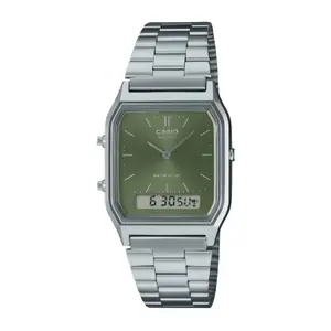 AQ230 Unisex Analog-Digital Watch, Vintage Retro Style, Silver Sunburst Dial, Dual Time, Stainless Steel Band, Water Resistant, Stopwatch & Alarm