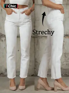 High Stretch Mid-Rise Women Denim Jeans Pants with Raw Hem, Loose-Fitting Casual Style for All Seasons, Trendy Plain Design for Comfort