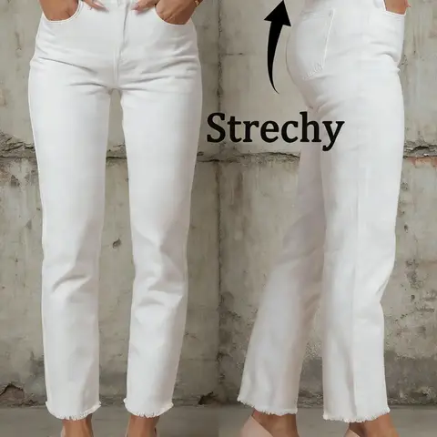 Women's High Stretch Loose Baggy Mid-Rise Denim Pants with Raw Hem, Casual Style Super Stretchy Jeans for All Seasons, Trendy Comfort Plain Bottoms for Daily Wear