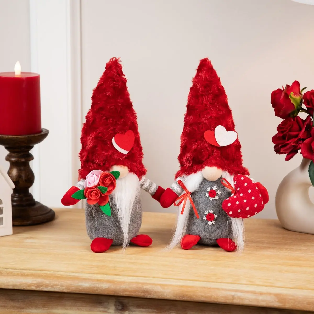 360 Stand Fabric Valentine's Day Gnome Figurines - 11.5 in Fuzzy Hat, Red and Gray, Set of 2, Festive Ornaments for Bouquet, Home Decor, Room Decor, Roses, Bendable