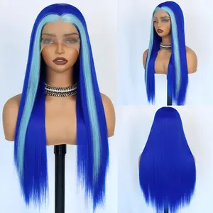 Women's Aodbar Dark Blue & Light Blue Money Piece Skunk Stripe Long Straight Synthetic Wig, Pre-Plucked Natural Hairline, Heat Resistant Wig, Glueless Installation, Synthetic Hair Pieces, Straight Synthetic Wigs