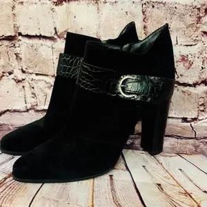 Ferragamo suede block heeled bootie with crocodile belt and heel