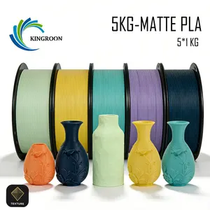 【Texture Series】KINGROON matte PLA 3D printing filament, diameter 1.75 mm, multi-color pack (5 kg/4 kg), matte surface finish, total 5 rolls × 1 kg per roll (black, white, gray, yellow, purple), suitable for FDM 3D printers, high precision, dimensional