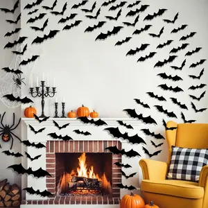 120Pcs 3D Bat Wall Stickers for Halloween Decorations Halloween Party Favors Décor Accessories Supplies PVC Wall Decal Bat Stickers Indoor Outdoor Window Kitchen Home Decorations DIY Craft