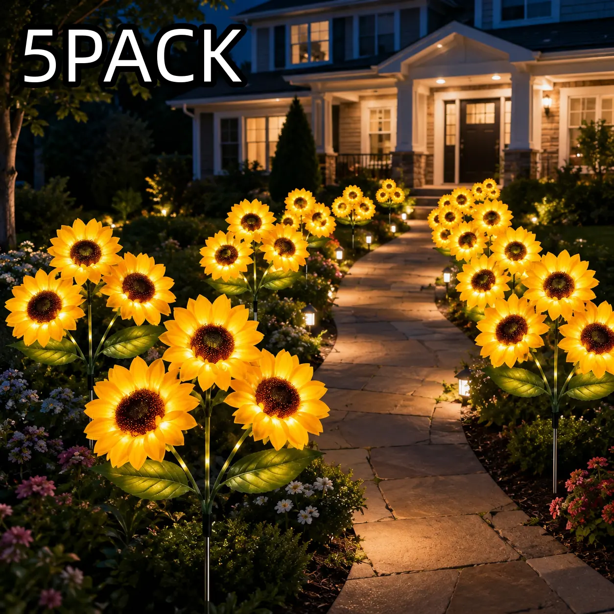 Set of 5 Solar-Powered LED Sunflower Garden Lights, IPX4 Water-Resistant, 8 Lighting Modes, Ideal for Decorating Patios, Lawns, Balconies, and Porches, Energy-Efficient Garden Lighting, Durable Plastic Solar Garden Lights