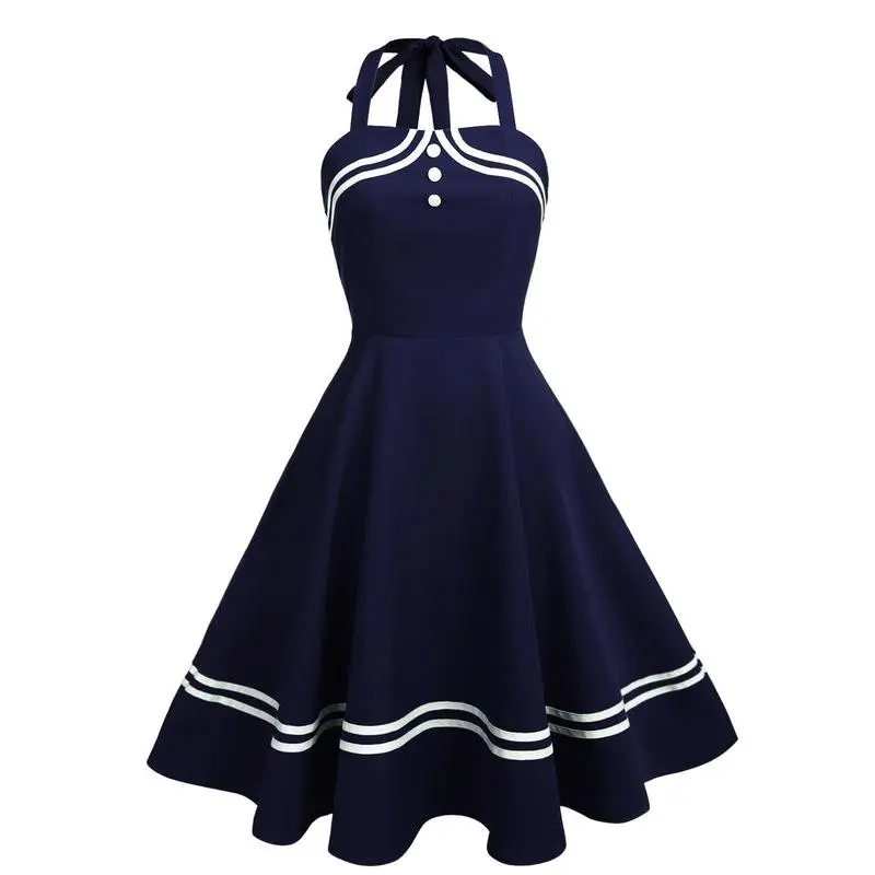 Navy Blue 1950s Halter Navy Swing Dress 4th of july outfits BackToSchool Sohochic Fall Dresses Fall outfits Fall fashion