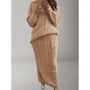 Plus Size, "Plus Size Women's Dress Set for Fall And Winter - Solid Color Cable Bodycon Skirt + Casual Loose Round Neck Sweater for A Chic Sweet Look!"
