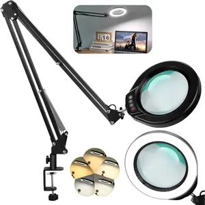 5 Inch Large Magnifying Glass with Light and Stand, 5 Color Modes Stepless Dimmable, 2*16 Inch Swivel Arm LED Clamp Desk Lamp, Hands Free 8X Lighted Magnifier for Close Work Crafts Soldering