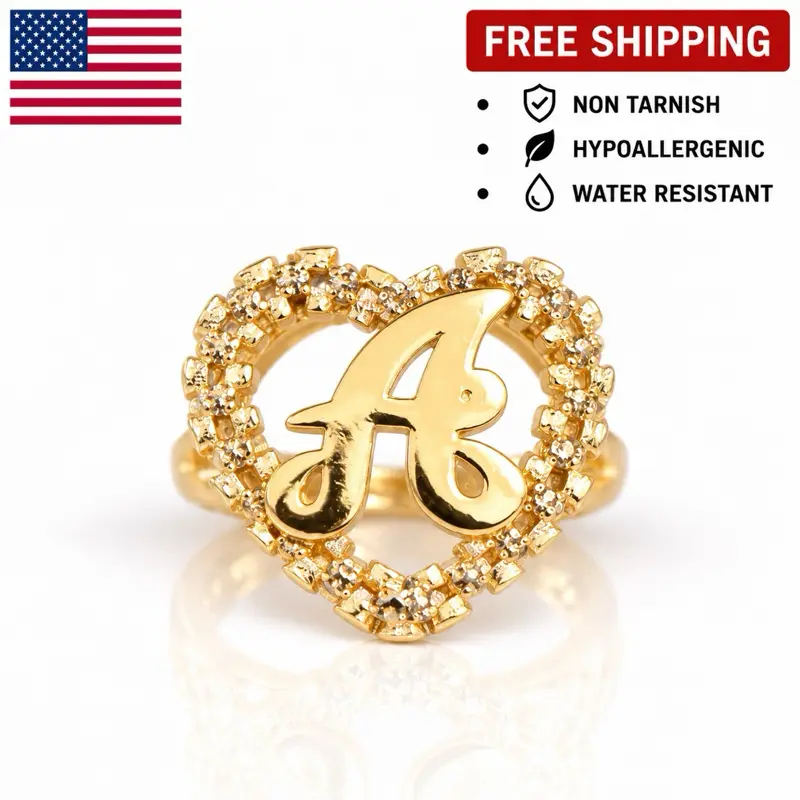 A-Z GOLD CURSIVE ADJUSTABLE INITIAL HEART RINGS 18K GOLD PLATED RING NON TARNISH HYPOALLERGENIC FOR MEN AND WOMEN