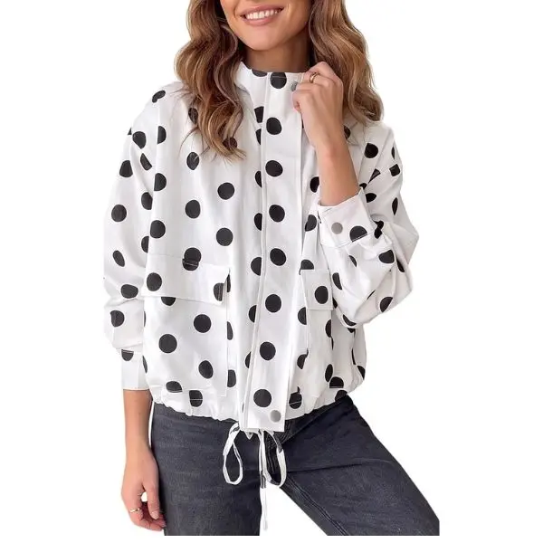 Fisoew Lady's Cute Lightweight Polka Dot Cropped Windbreaker Jacket - Stand Collar, Zip-Up, Adjustable Drawstring Hem, Oversized Batwing Sleeves, Cargo Pockets, Snap & Button Details, Army Green White Dot, Casual Style Tops for Daily Street Looks,sohochic