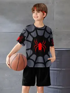 Boys' Spider-Man Costume Set, Short Sleeve Crop Top & Shorts, Loose-Fit Casual Wear, All-Over Print, Natural Waist, H-Type Silhouette