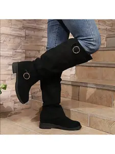 Women's Fashionable Buckled Black Velvet Exclusive Design Comfortable Women's Long Boots. Thick Non-Slip Sole. Versatile And Classic Style. Outdoor Sports High Boots.