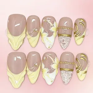 Bling by Allie YELLOW GOLD FLOWER  - 100% Handmade Press-On Nails | Resusable, Salon Quality, Long Lasting