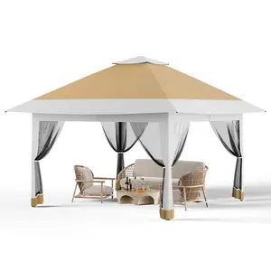 Garvee Canopy Tent 12x12 ft, Pop Up Gazebo One-Push Setup with 4 SandBags for Backyard Parties and BBQs, Mosquito Netting & Height Adjustable - Khaki & Coffee