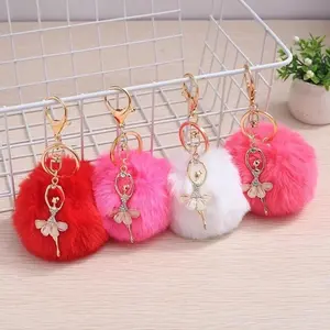 Elegant Rhinestone Ballet Dancer Keychain Cute Fluffy Ball Key Ring Dancing Girl Key Chain Backpack Decor Kids Toys Girls Gifts #DDF