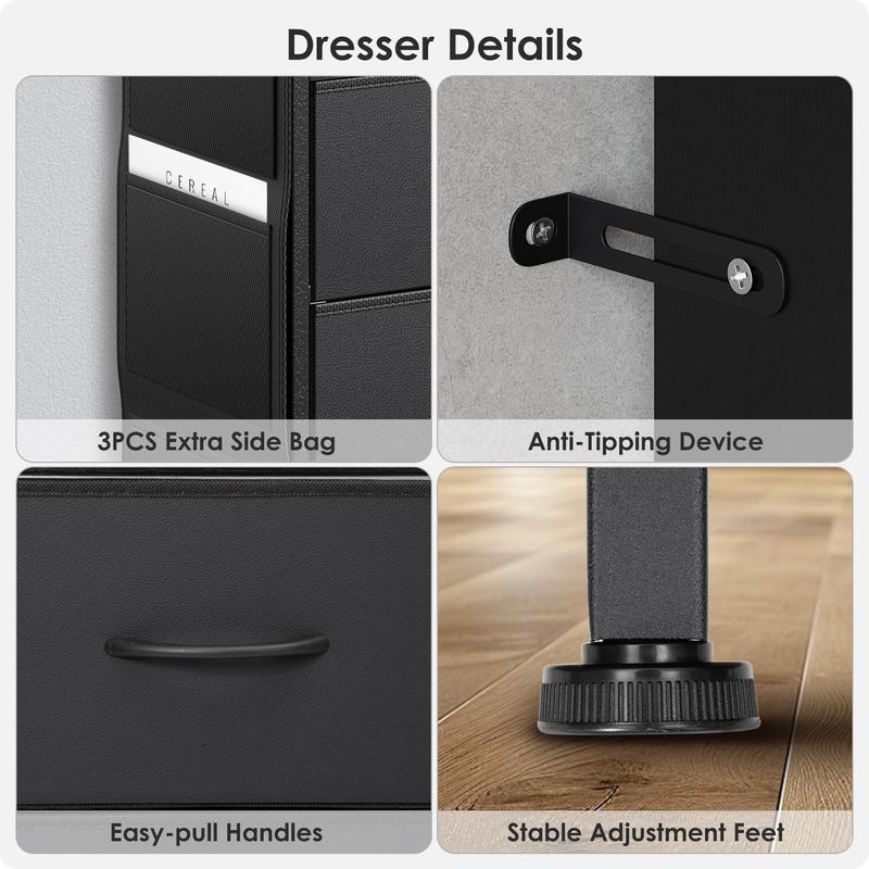 6 Drawer Dresser for Bedroom with LED Lights and Charging Station, Modern Wood Dressers with Extra Side Bag, Double Wide Drawer Cabinet TV Stand for up to 60" TV for Living Room (Black)