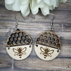 Honeycomb & Bee Lightweight Wood Earrings