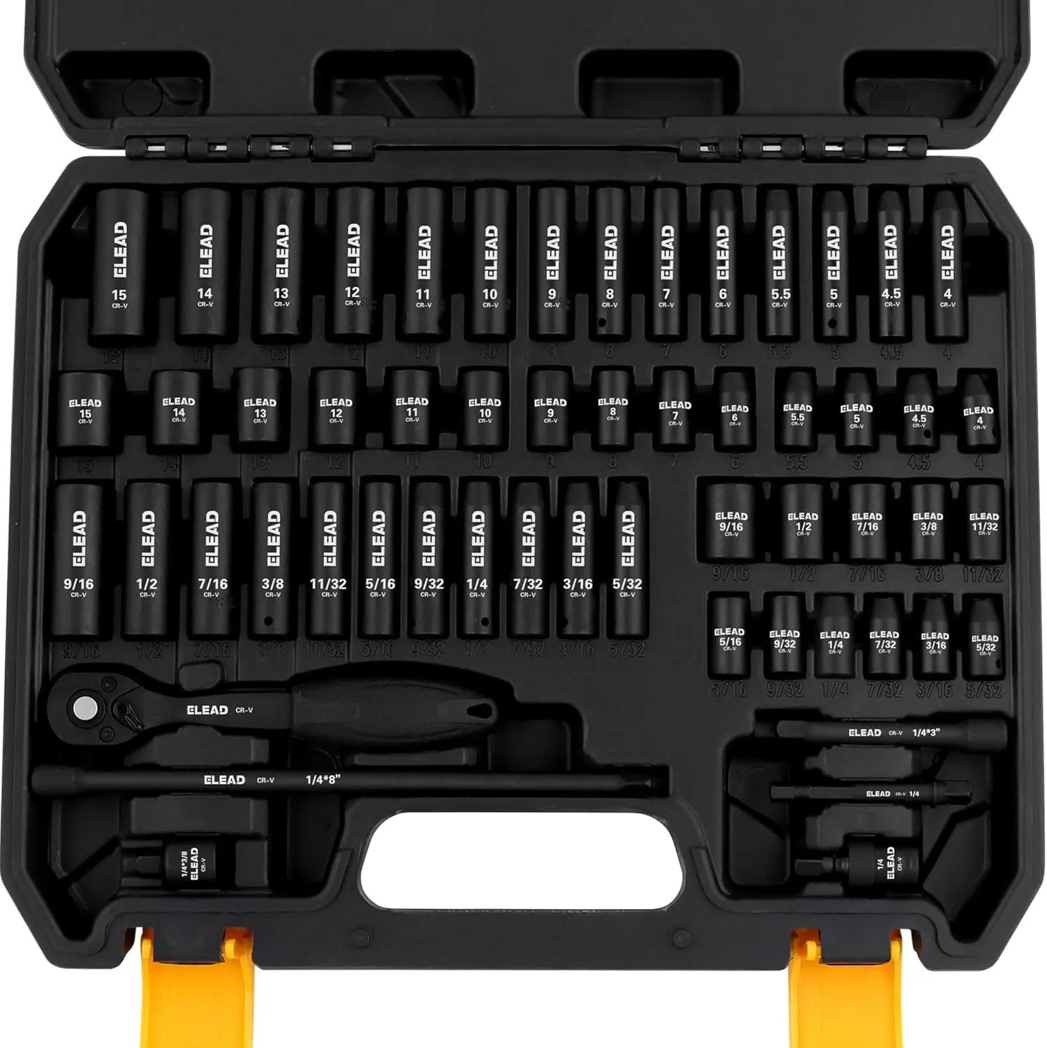 ELEAD 1/4" Drive Impact Socket Set, Complete 56-Piece Kit for Mechanic, Tire Change, Automotive Repairs, DIY Garage Project, SAE (5/32-9/16 in) & Metric (4-15 mm) Deep/Shallow 6-Point Cr-V, 72-Tooth Ratchet Handle, Extension Bar, Universal Joint