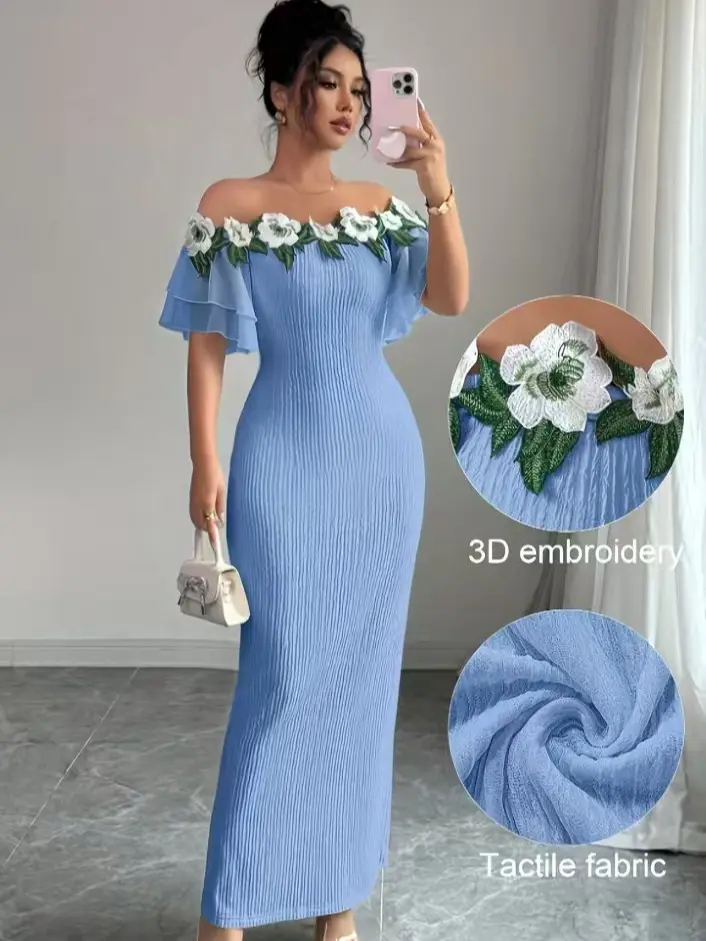 3D Embroidery Tactile Fabric Off-Shoulder Blue Midi Dress with Floral Detailing for Women