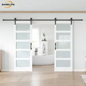 Easelife Double Sliding Barn Doors with Frosted Glass – White Interior Doors with Black Hardware Kit