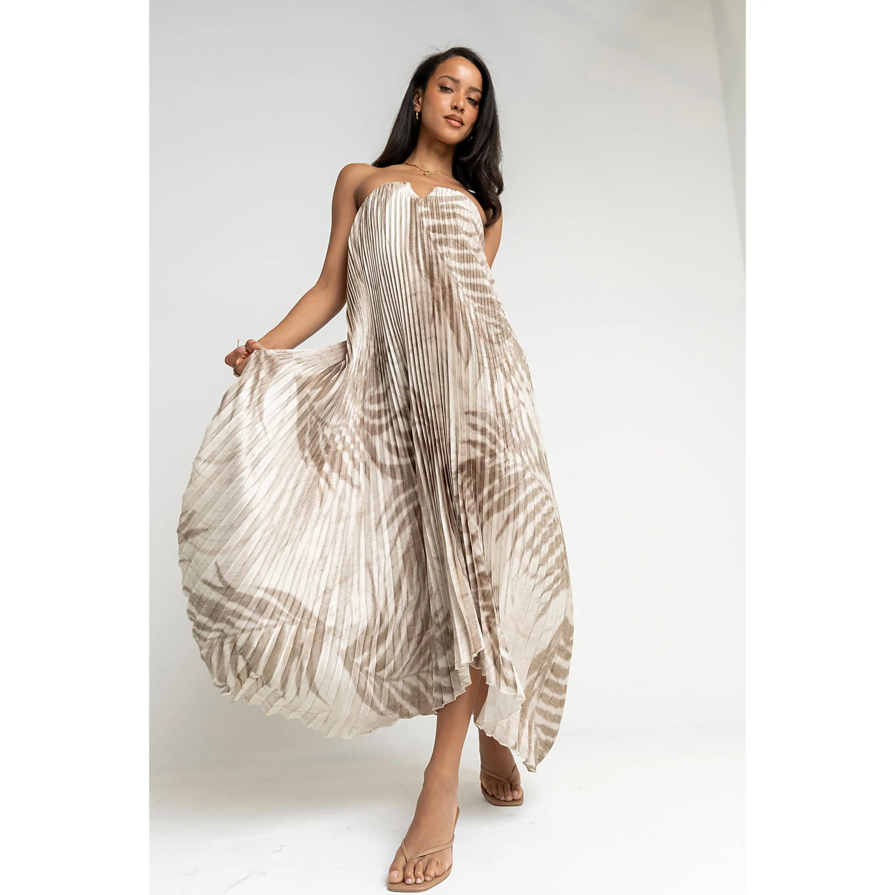 Women's Brandie Small Accordion Plain Long Length Maxi Dress - Polyester-Spandex, Casual Wear, Cutout, Sleeveless, Strapless, V-Neck, Zipper, Hand Wash Only, Hang Dry, FINAL SALE