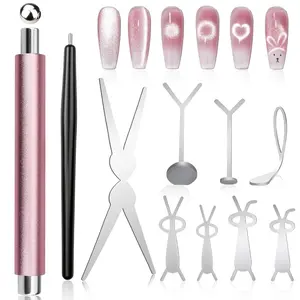 Cat Eye Nail Magnet Set | Double-Ended Magnetic Pen + Steel Ball + Y-Shape/Rabbit/Scissors/Oval Guides | Strong & Fast Attraction for Heart, Bunny, French, Black Hole & More Cat Eye Effects – Essential for Home & Salon DIY Nail Art Tools