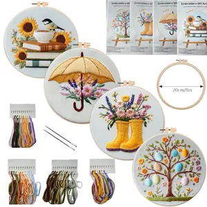 European Style Sunflower Easter Egg Floral Embroidery Kit, Needle Crafts Kit with Synthetic Threads, English Guide, Stitching Materials for Handmade Home Decoration
