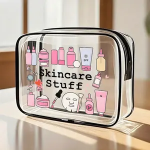 "Skincare Products" letter print PVC toiletry bag, zippered PVC travel organizer - lightweight and fade-resistant cosmetic and toiletry bag, suitable for women and girls, TSA compliant, portable cosmetic case, Makeup Organizer Pouch, easy to wipe clean