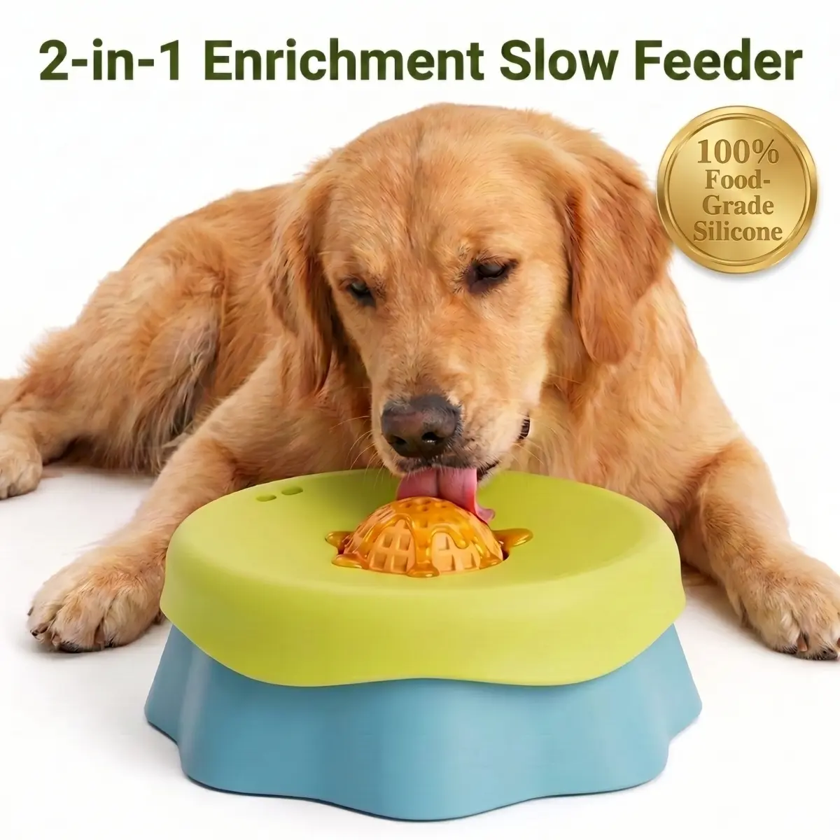 Non-Slip Silicone Dog Slow Feeder Bowl for Liquid Treats - Yogurt & Peanut Butter Enrichment Feeder, Spill-Proof Dog Bowl Platter with Rolling Lick Ball