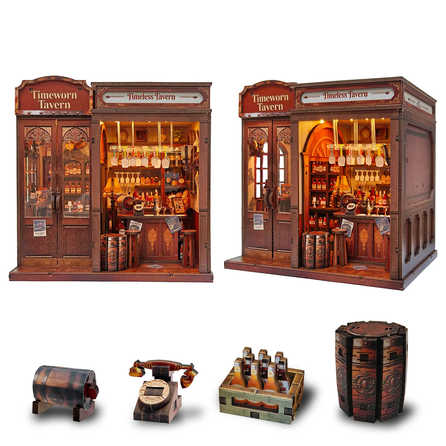 DIY Wooden Book Nook Model Kit with LED Light, Timeworn Tavern Miniature House Building Set, 3D Bookshelf Insert Puzzle, Interlocking Assembly for Adults, Home Office Decor Gift