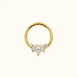 Oval CZ Daith Clicker Titanium PVD Gold Hinged Hoop Earring