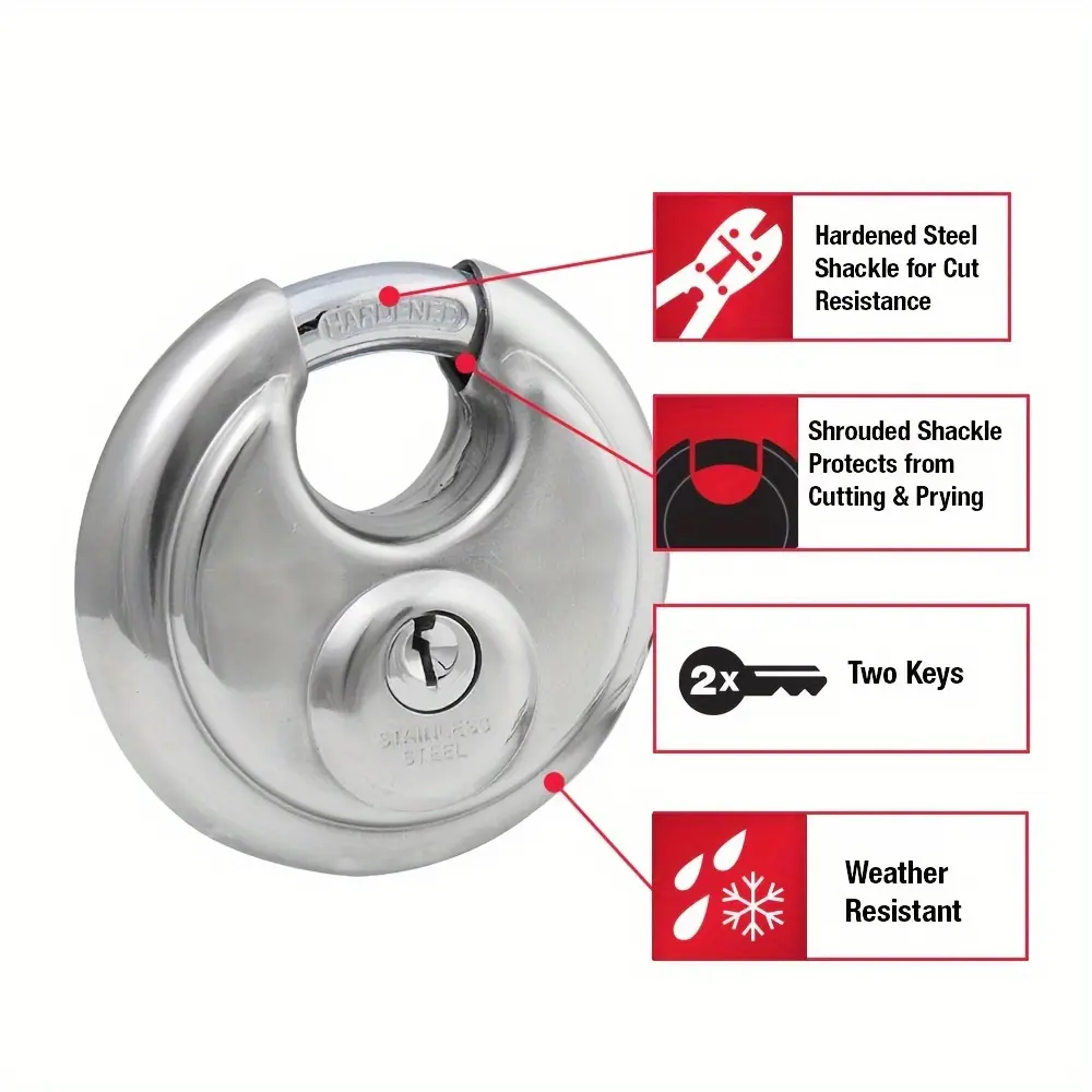 304 Stainless Steel Copper 50mm Core Round Padlock, Heavy Duty, Sturdy Lock, Includes 2 Keys, Ideal for Storage Cabinets, Garages, Fences, Warehouses, Gyms, Padlock with Key