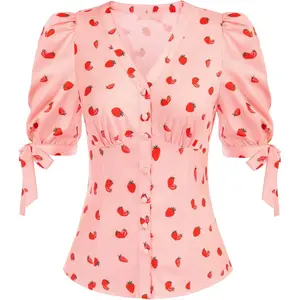 Women's V Neck Puff Sleeve Blouse Vintage Shirts for Women 1950s Top Womenswear Fitted Black Outfit Elegant Pink Casual