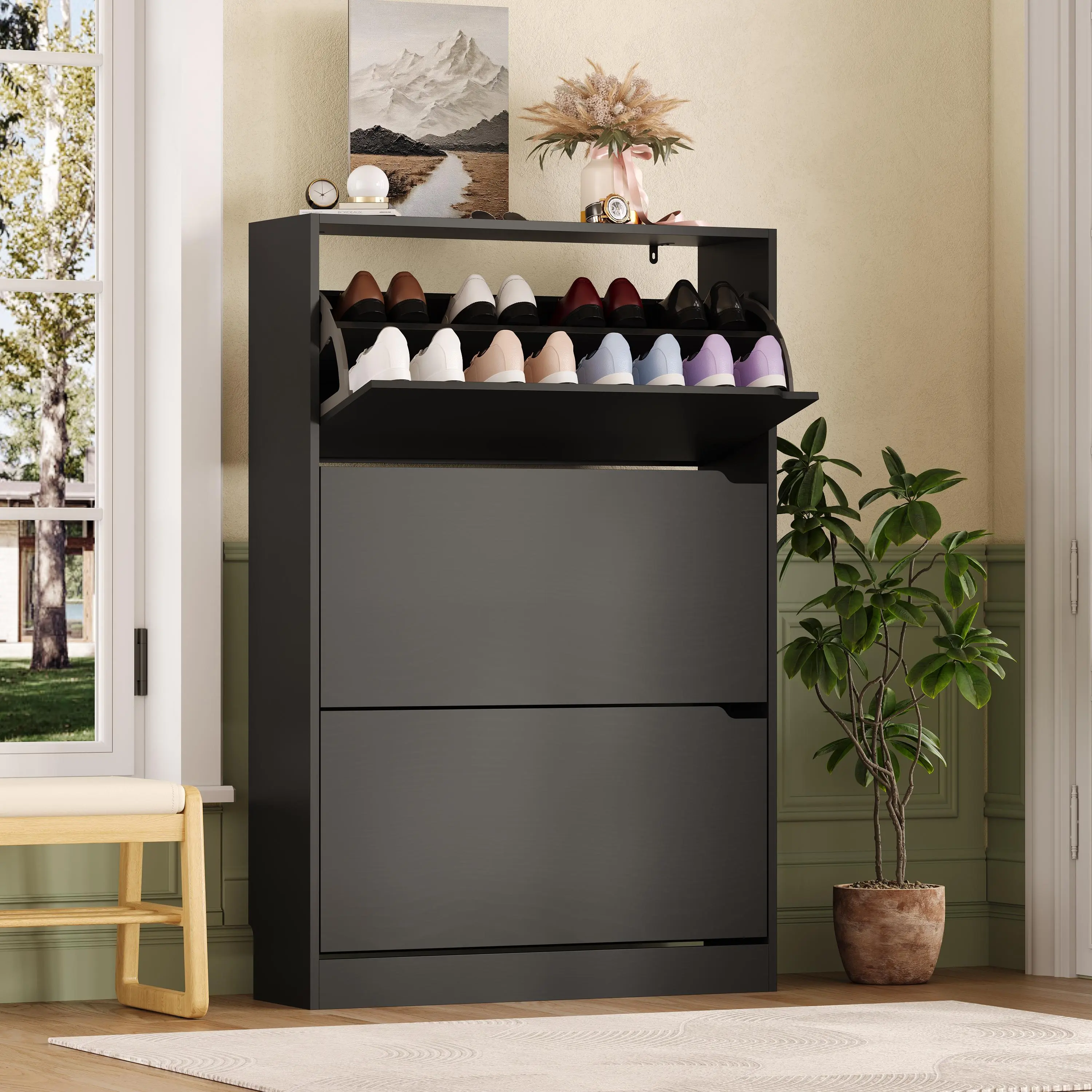 Shoe Storage Cabinet for Entryway with 3 Flip Drawers, Sturdy Wood Hidden Shoe Storage, Freestanding Narrow Slim Shoe Organizer for Front Door Entrance, Living Room, Hallway, Bedroom,