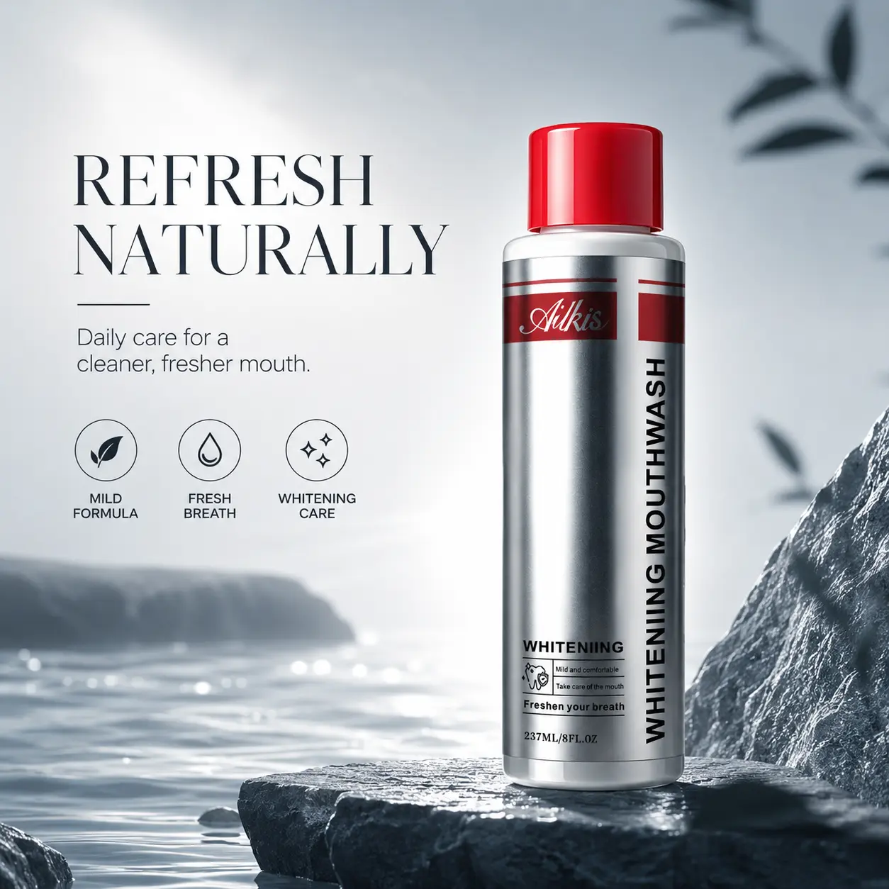 Fresh Breath Whitening Mouthwash 237ml - Essential OilOral Rinse for Daily Stain Care & Oral Hygiene