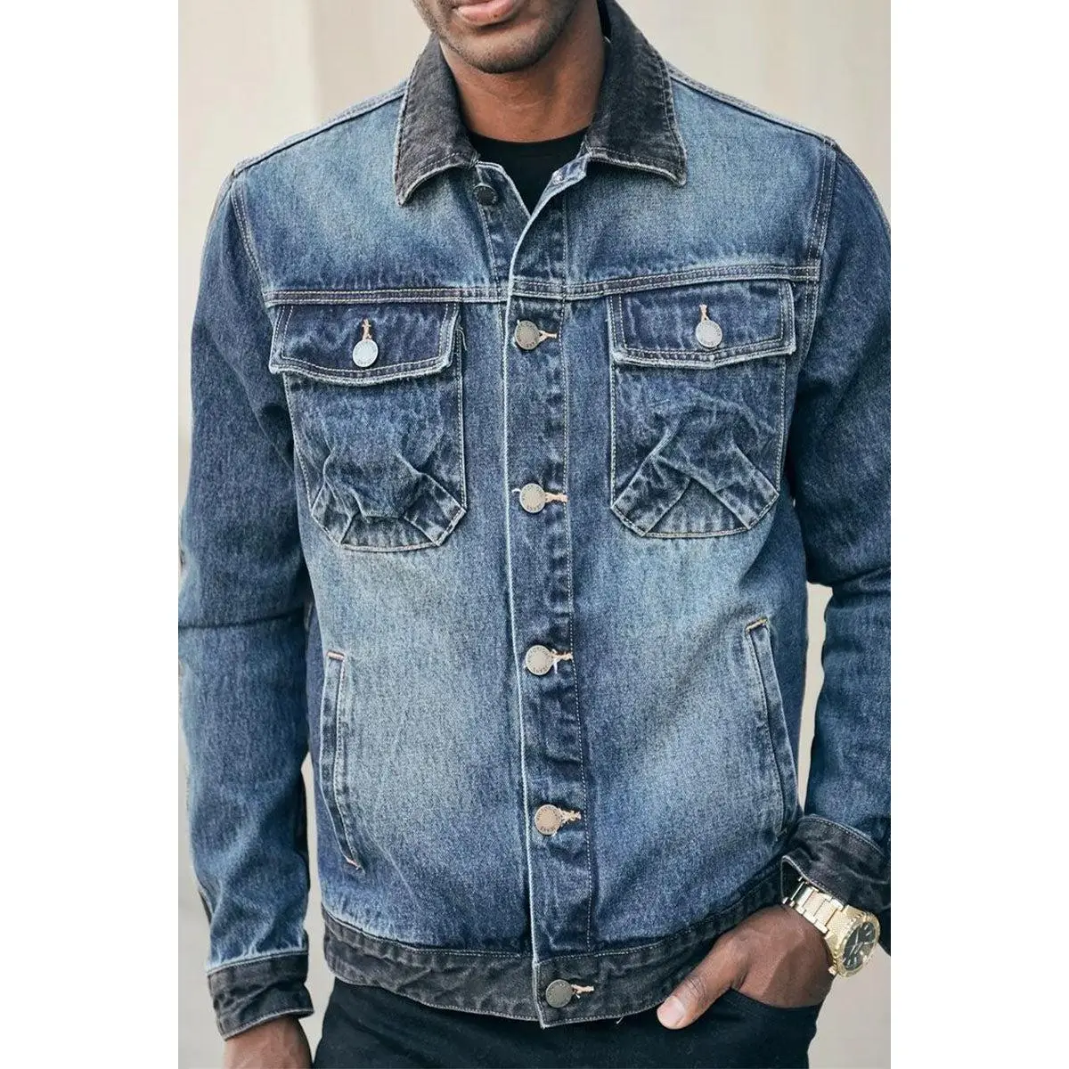 VICTORIOUS Men's Two Tone Denim Jacket - Indigo Blue, Long Sleeve Casual - Cotton Menswear Black