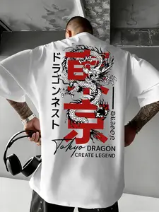 Men's Tokyo Dragon Print Short Sleeve T-Shirt Streetwear, Loose Fit, Slimming Effect, Casual Street Style, Comfortable and Relaxed Feel